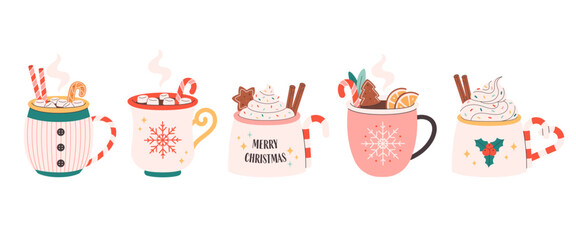 Collection of holiday hot drinks in cute mugs. Creamy coffee, hot chocolate, hot cocoa. Christmas drinks with festive toppings. Vector illustration in flat style