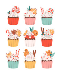 Sweet Christmas cupcakes with lollipops, cookies, candy canes, cinnamon, orange. Merry Christmas. Vector illustration in flat style