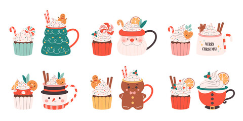 Collection of holiday hot drinks in cute mugs and sweet cupcakes with festive toppings. Vector illustration in flat style