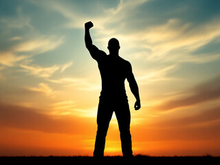 Fototapeta premium Silhouette of a triumphant person against a vibrant sunset, conveying empowerment and joy.