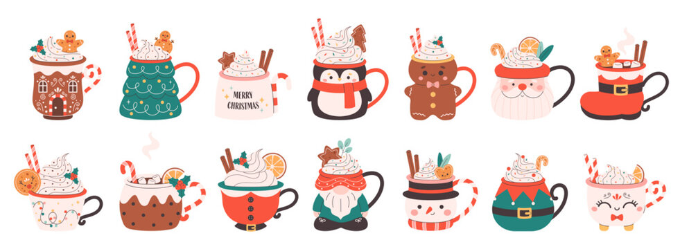 Collection of holiday hot drinks in cute mugs. Creamy coffee, hot chocolate, hot cocoa. Christmas drinks with festive toppings. Vector illustration in flat style