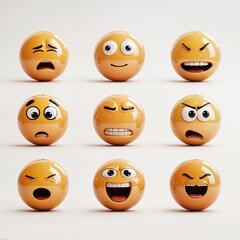 Naklejka premium A whimsical array of round characters with varied facial expressions like joy, anger, and sadness creates a playful atmosphere against a minimalist background.