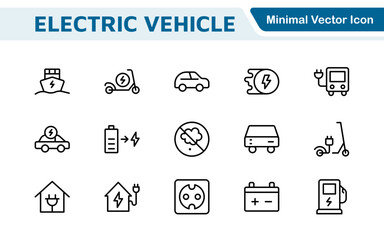 Electric Vehicle and Car Icon Set. A modern collection of icons showcasing electric transportation, perfect for enhancing automotive apps, websites, and sustainability initiatives.