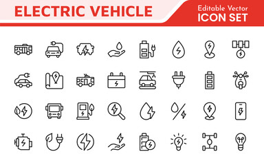 Electric Vehicle and Car Icon Set. A modern collection of icons showcasing electric transportation, perfect for enhancing automotive apps, websites, and sustainability initiatives.