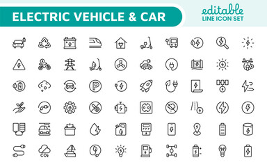 Electric Vehicle and Car Icon Set. A modern collection of icons showcasing electric transportation, perfect for enhancing automotive apps, websites, and sustainability initiatives.