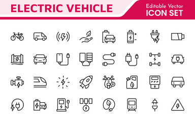 Electric Vehicle and Car Icon Set. A modern collection of icons showcasing electric transportation, perfect for enhancing automotive apps, websites, and sustainability initiatives.
