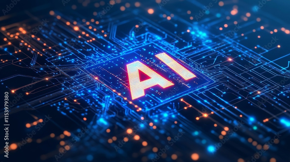 Poster visual representation of artificial intelligence technology with glowing circuits and digital elemen