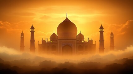 Majestic Taj Mahal at sunset, shrouded in mist.