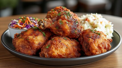 Crispy fried chicken with coleslaw and mashed potatoes.