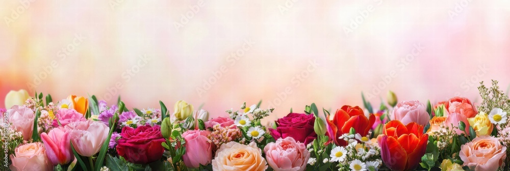 Aufkleber colorful bouquets of roses tulips and daisies creating a vibrant floral display in a soft pastel bac