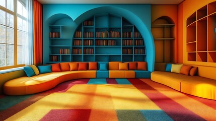 Colorful room with arched bookcase and curved sofa.