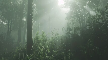 Sunbeams pierce misty, lush forest scene.