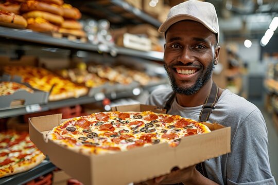 A cheerful chef stands proudly in a bakery, displaying a large pepperoni pizza packed with toppings. The bakery shelves are filled with various baked goods in the background