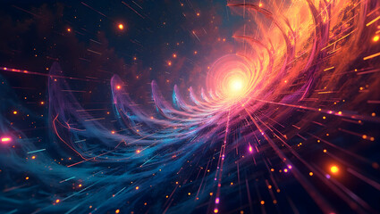 Obraz premium Abstract colorful background with different geometric shapes, neon colors merging with each other and fractal patterns with a cosmic energy