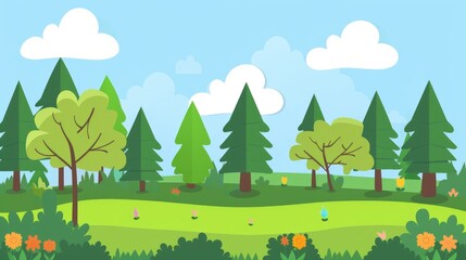 A vibrant, cartoon-style illustration of a lush forest landscape with trees and flowers.