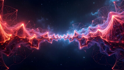 Abstract colorful background with different geometric shapes, neon colors merging with each other and fractal patterns with a cosmic energy