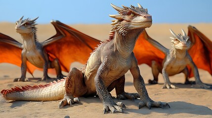 Three young dragons in desert.