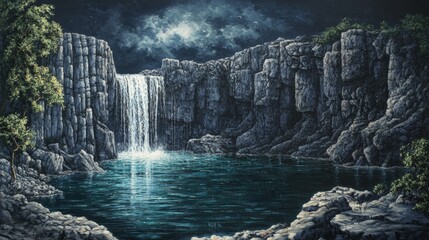 Serene Waterfall in Rocky Basin with Soft Lighting