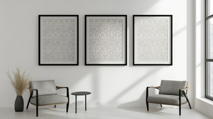 Artistic Interior With Three Framed Artworks and Minimalist Furniture in a Sunlit Room During Daytime