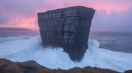 Dramatic sunrise over coastal sea stack with crashing waves.