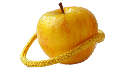 A yellow apple with a rope wrapped around it.