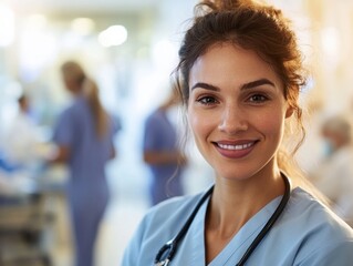 Fototapeta premium Dedicated nurse smiling in hospital setting during patient care medical environment professional perspective compassionate healthcare
