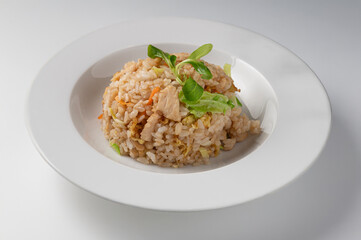 Cantonese rice with chicken and vegetables centered and isolated on white background