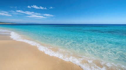 Fototapeta premium Serene beachfront waves crash tropical island scenic photography bright blue skies panoramic view coastal tranquility