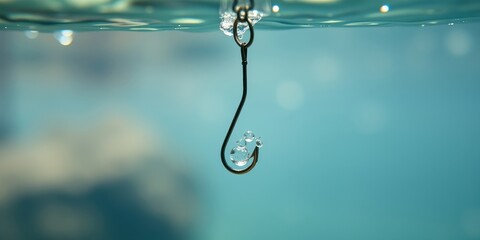 A single fishing hook submerged underwater, surrounded by air bubbles, presents a captivating study in contrast and tension.