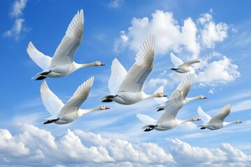 Flock of Geese Flying in V Formation Against Blue Sky, AI generated illustration