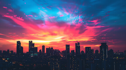 Obraz premium Vibrant city skyline at sunset with bright and bold hues creating a stunning modern urban landscape