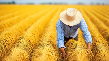A farmer in a straw hat carefully harvests golden rice in a sunny field, showcasing the essence of agriculture and the beauty of rural life amidst endless golden grains.