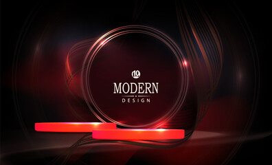 A beautiful composition with a red podium, a golden round frame and wavy ribbons.