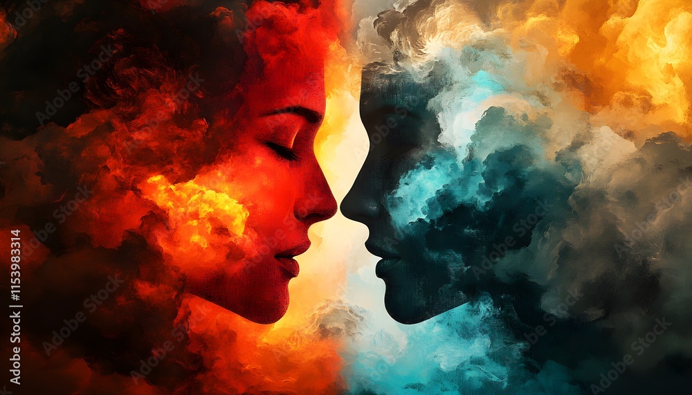 Poster Artful Representation of Two Faces Merging in Vibrant Clouds of Colorful Light Symbolizing Emotions, Connection, and Duality in Human Experience