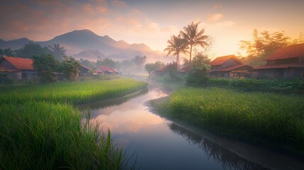 Serene Sunrise Over Rice Paddies and Misty Mountains