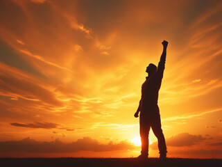 Fototapeta premium Silhouette of a triumphant person against a vibrant sunset, conveying empowerment and joy.