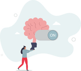 Turn on brain to think, creativity, thought or concentration, smart thinking or emotional intelligence,flat characters.
