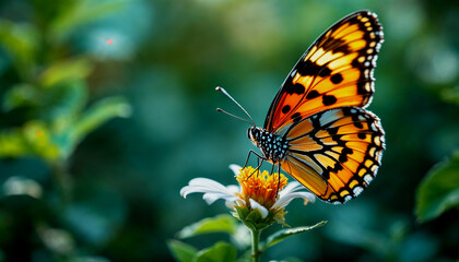 Naklejka premium A close-up of an orange and black butterfly with spotted wings perched on a green flower