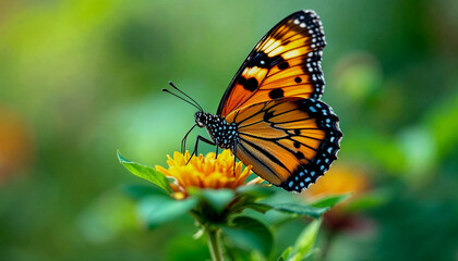 Naklejka premium A close-up of an orange and black butterfly with spotted wings perched on a green flower