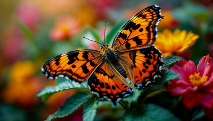 Obraz premium A close-up of an orange and black butterfly with spotted wings perched on a green flower