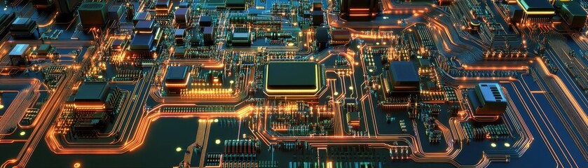 Obraz premium A close-up view of a complex circuit board with glowing pathways and components.