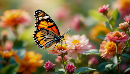 Obraz premium A close-up of an orange and black butterfly with spotted wings perched on a green flower