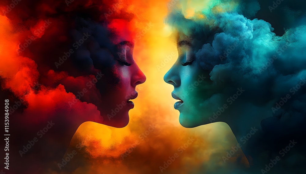 Aufkleber Surreal Artistic Representation of Two Profile Faces Merging with Colorful Smoke and Abstract Clouds in a Dreamlike Conceptual Design