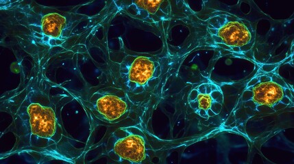 Mesenchymal stem cells viewed under a microscope, glowing softly, intricate cellular structures