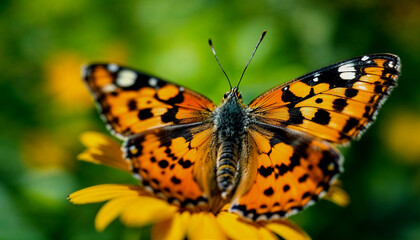 A close-up of an orange and black butterfly with spotted wings perched on a green flower