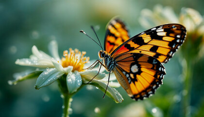 Fototapeta premium A close-up of an orange and black butterfly with spotted wings perched on a green flower