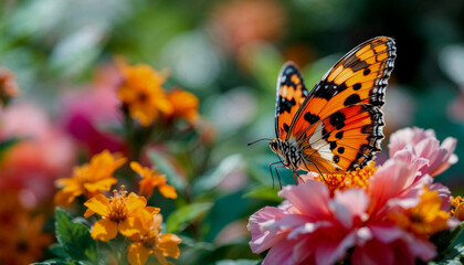 A close-up of an orange and black butterfly with spotted wings perched on a green flower