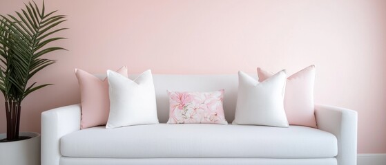 A white couch with pink pillows and a green plant in a brown vase