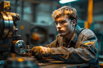 A young worker with protective glasses and gloves concentrates on operating machinery in a busy workshop