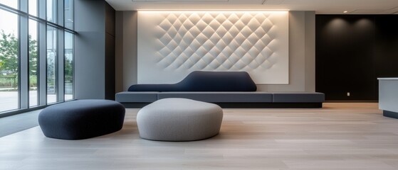 A large white wall with a black border and a black couch in the middle